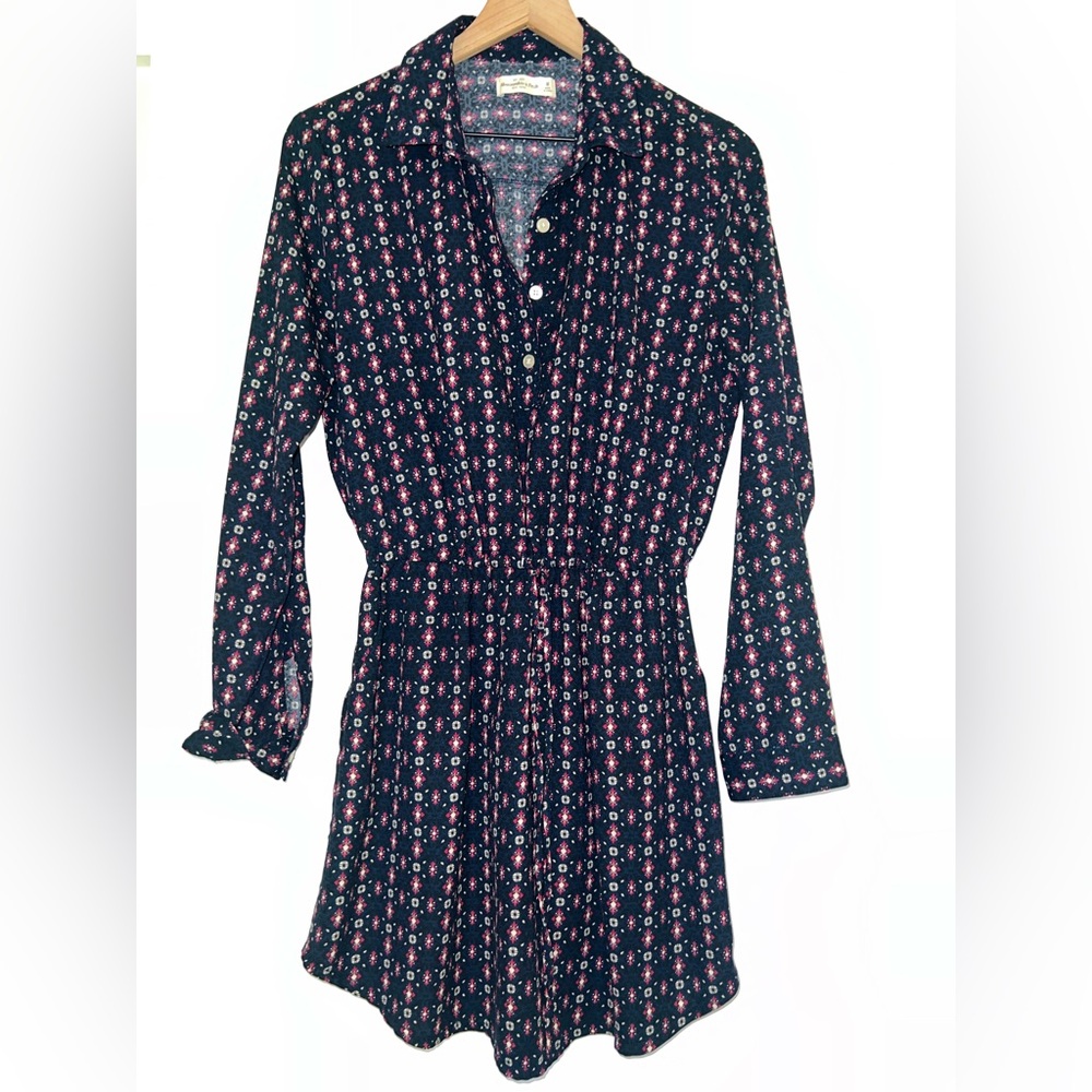 ABERCROMBIE & FITCH navy print long sleeve shirt dress, size medium